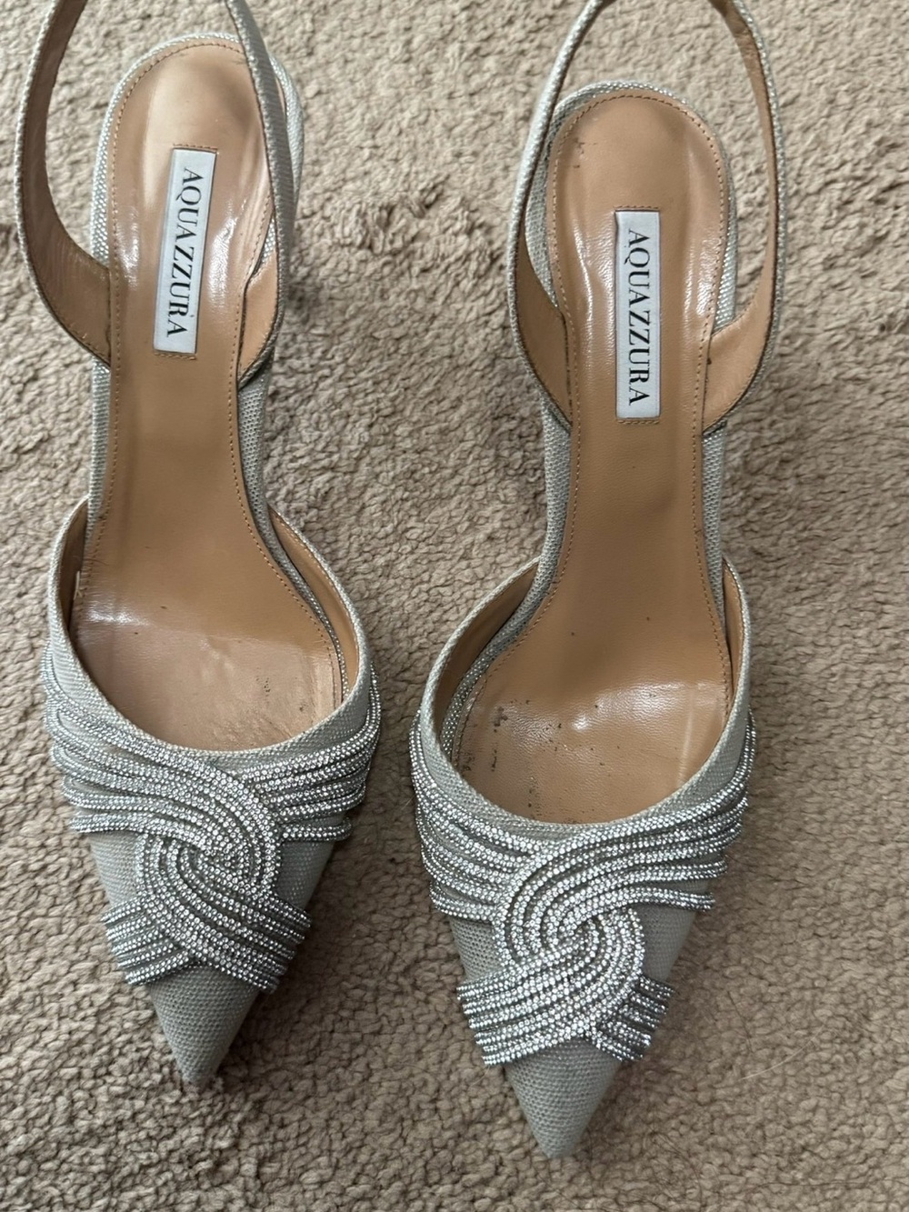 Aquazzura Silver Beaded Pointed Slingback Pumps